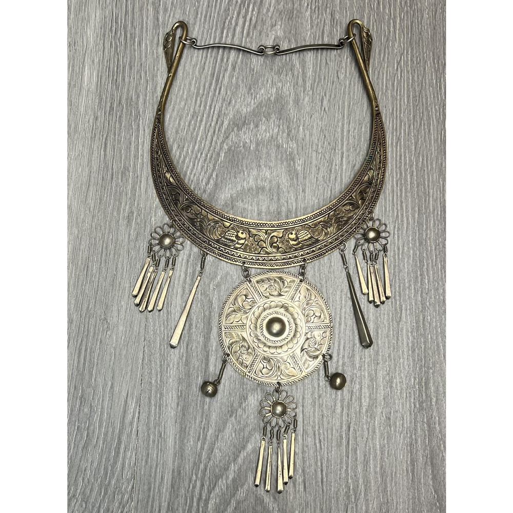 Tribal Boho Collar Statement Necklace Engraved Birds Medallion Dangles Bells - Picture 1 of 16